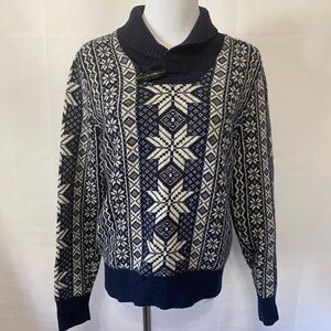 Tommy Hilfiger navy and white wool blend split neck snowflake sweater size small